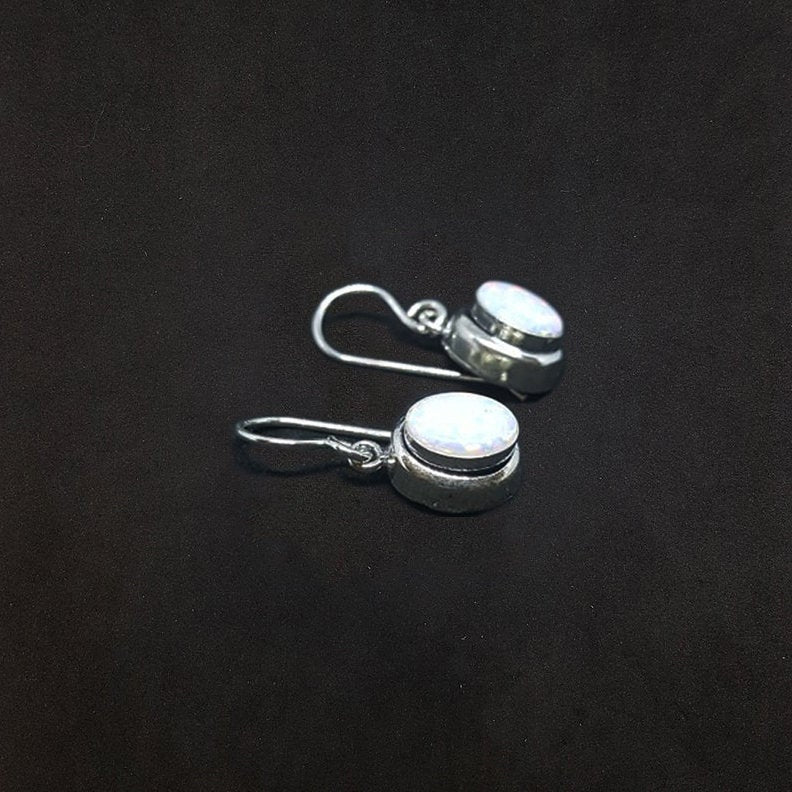 Oval White Fire Opal sterling silver dangle earrings