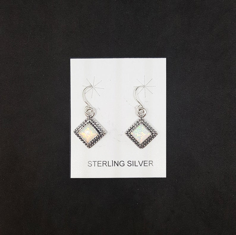 6 mm White Fire Opal diamond shape sterling silver dangle earrings