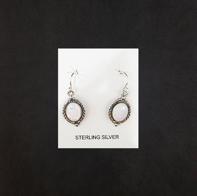 Oval White Fire Opal Dots sterling silver dangle earrings