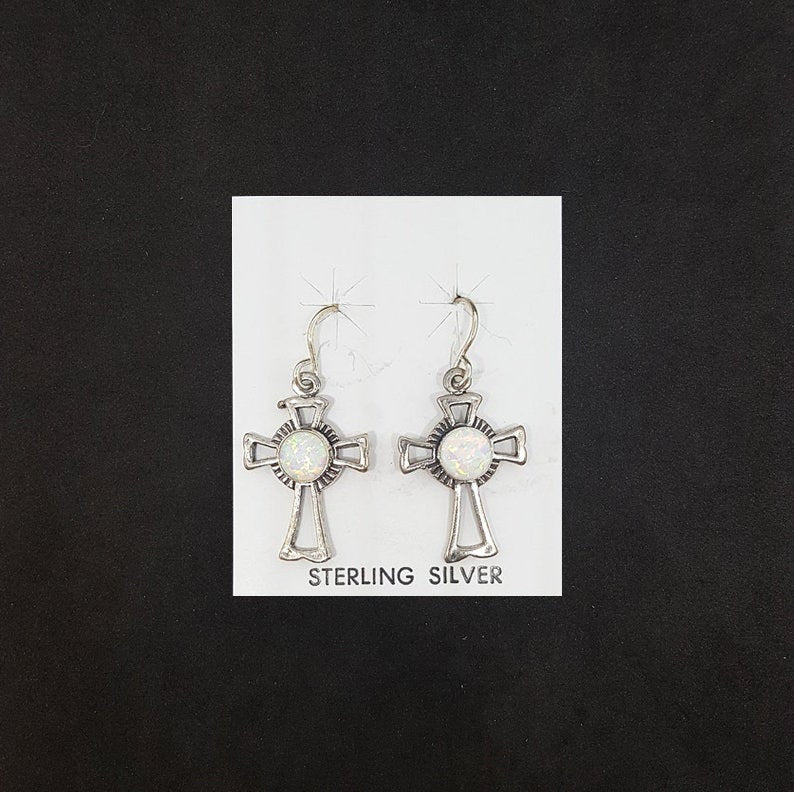 Cross 6 mm round White Fire Opal sterling silver dangle earrings