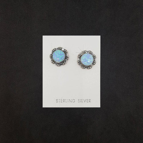 7 mm round light Blue Fire Opal flower shape sterling silver stud earrings