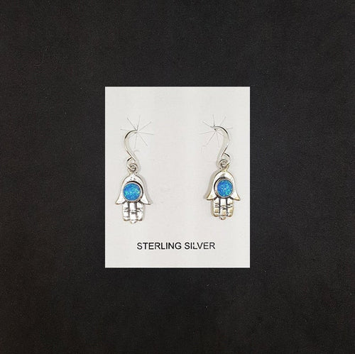 5 mm round Blue Fire Opal hand shape sterling silver dangle earrings