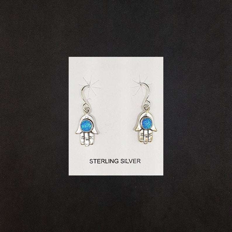 5 mm round Blue Fire Opal hand shape sterling silver dangle earrings