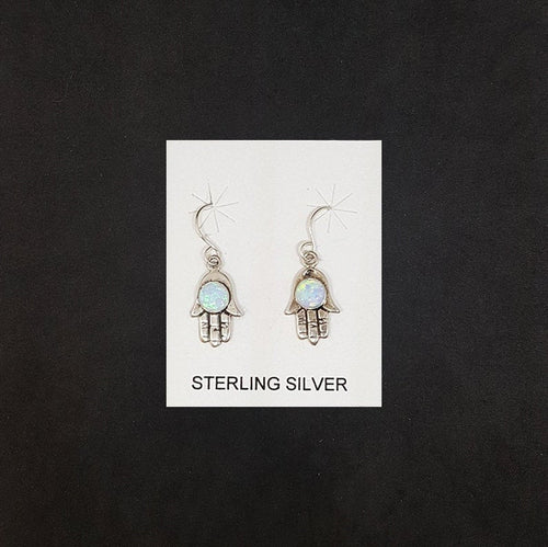 5 mm round light Blue Fire Opal hand shape sterling silver dangle earrings