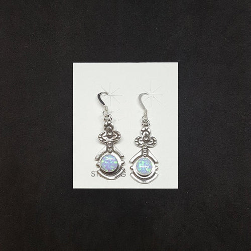 Ancient pattern Round Light Blue Fire Opal sterling silver dangle earrings