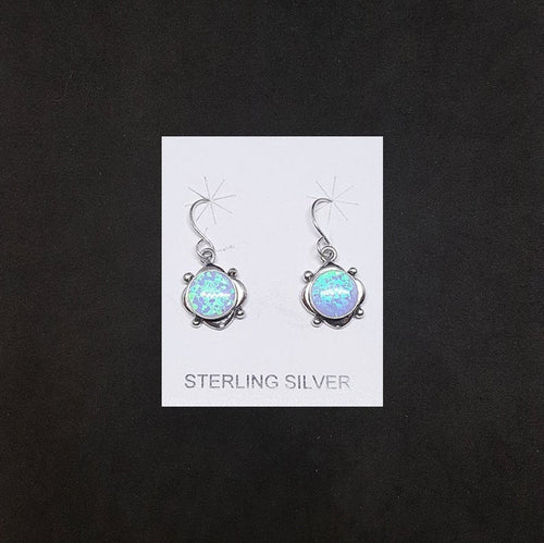 8 mm round Light Blue Fire Opal dots on diamond shape sterling silver dangle earrings