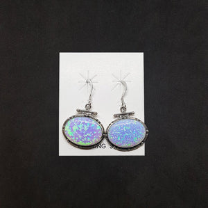 Ancient pattern dots Oval Blue Fire Opal sterling silver dangle earrings