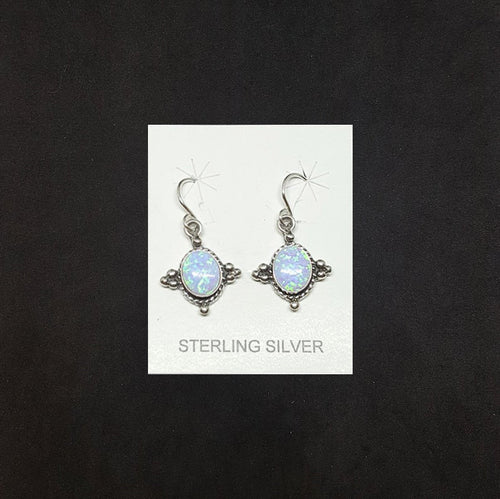 8mm Oval light Blue Fire Opal dots on round shape sterling silver dangle earrings