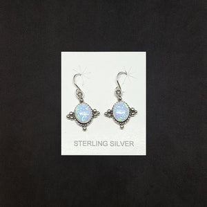 8mm Oval light Blue Fire Opal dots on round shape sterling silver dangle earrings