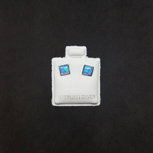 5 mm and 7 mm Square Blue Fire Opal sterling silver post earrings