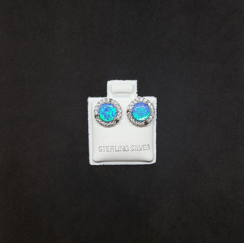 6 mm round Blue Fire Opal micro CZ sterling silver post earrings