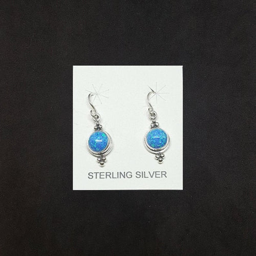 8 mm round Blue Fire Opal dots sterling silver dangle earrings