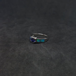Size 6 3/4 - rectangle-cut Blue Fire Opal round Tanzanite sterling silver ring