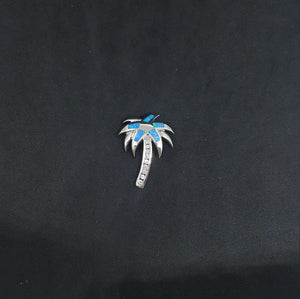 Palm tree inlay blue opal sterling silver pendant