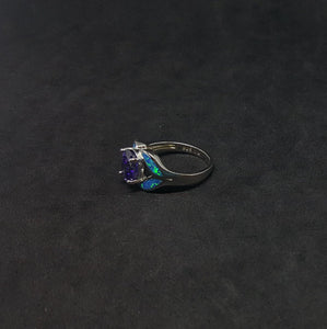 Size 6 - Blue Fire Opal leaf shape oval Amethyst sterling silver ring