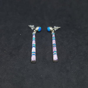 Long thin Blue Fire Opal double stripes Purple shell Sterling silver stud earrings