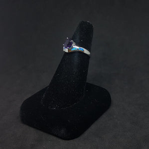 Size 7 - Wrapped stones Blue Fire Opal micro CZ oval Amethyst sterling silver ring