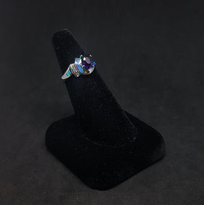 Size 7 - Wrapped stones Blue Fire Opal micro CZ oval Amethyst sterling silver ring