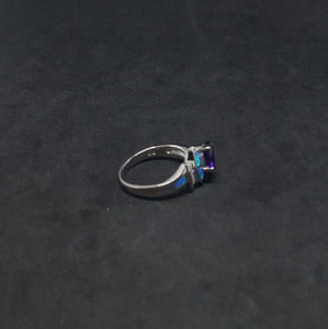 Size 7 - Wrapped stones Blue Fire Opal micro CZ oval Amethyst sterling silver ring