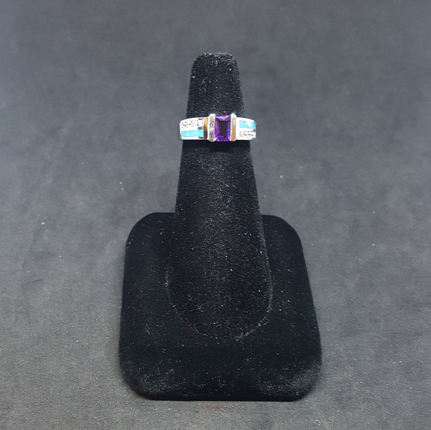 Size 6 - Simple Light rectangle Amethyst Blue opal micro CZ sterling silver ring