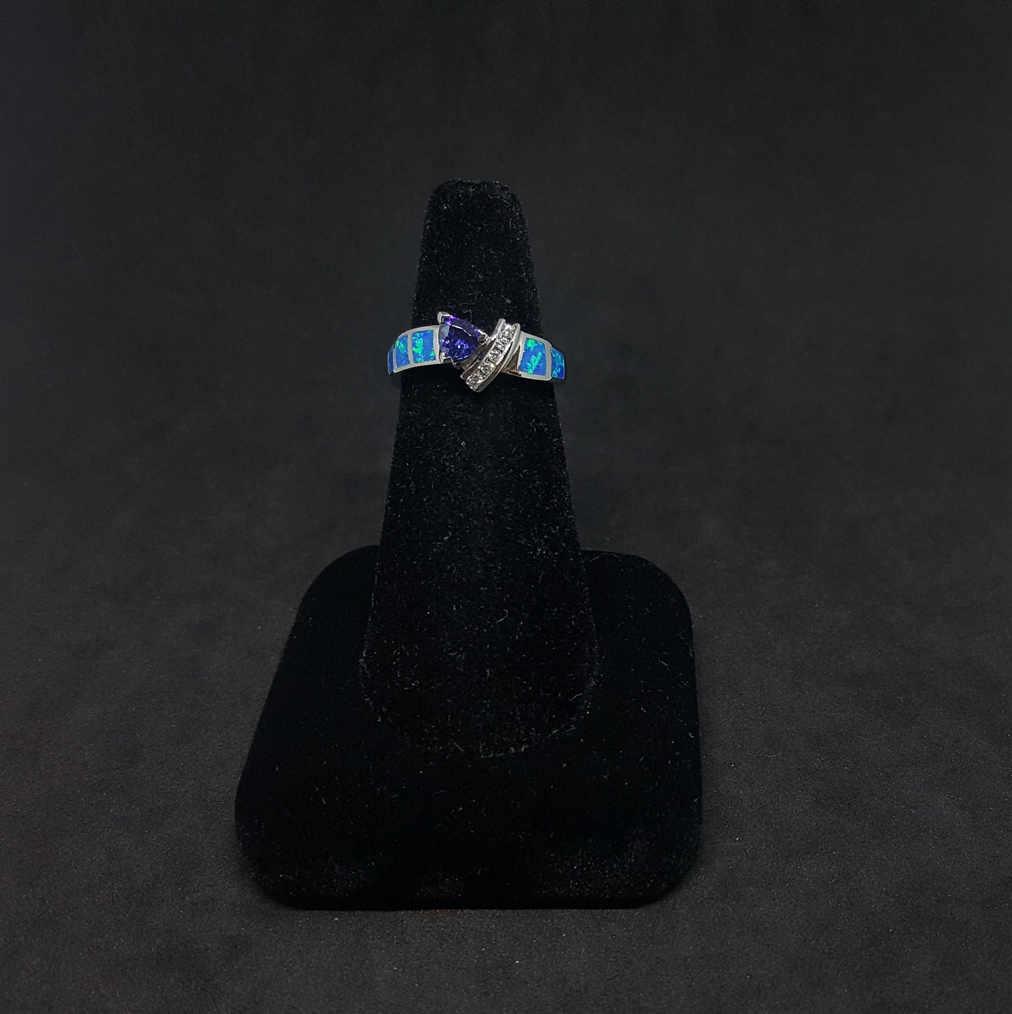 Size 7 - Arrow trillion-cut Tanzanite Blue opal micro CZ Sterling silver ring