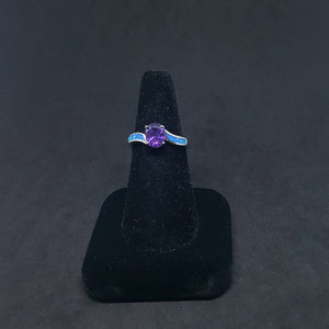 Size 9 - Wavy stone oval-cut Amethyst Blue fire opal Sterling silver thin ring