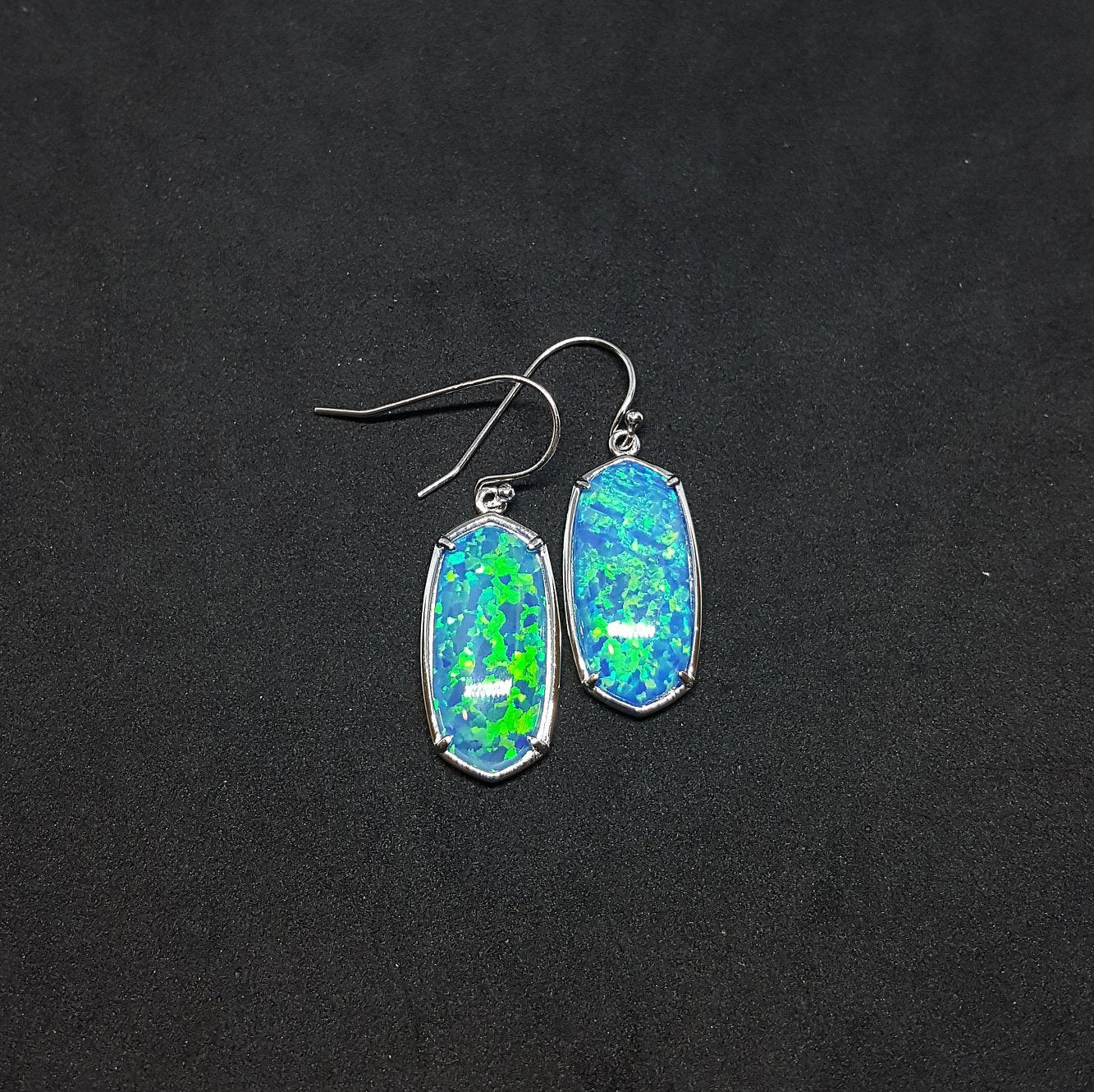 Symmetry Blue fire Opal large piece Sterling silver dangle/drop opal earrings