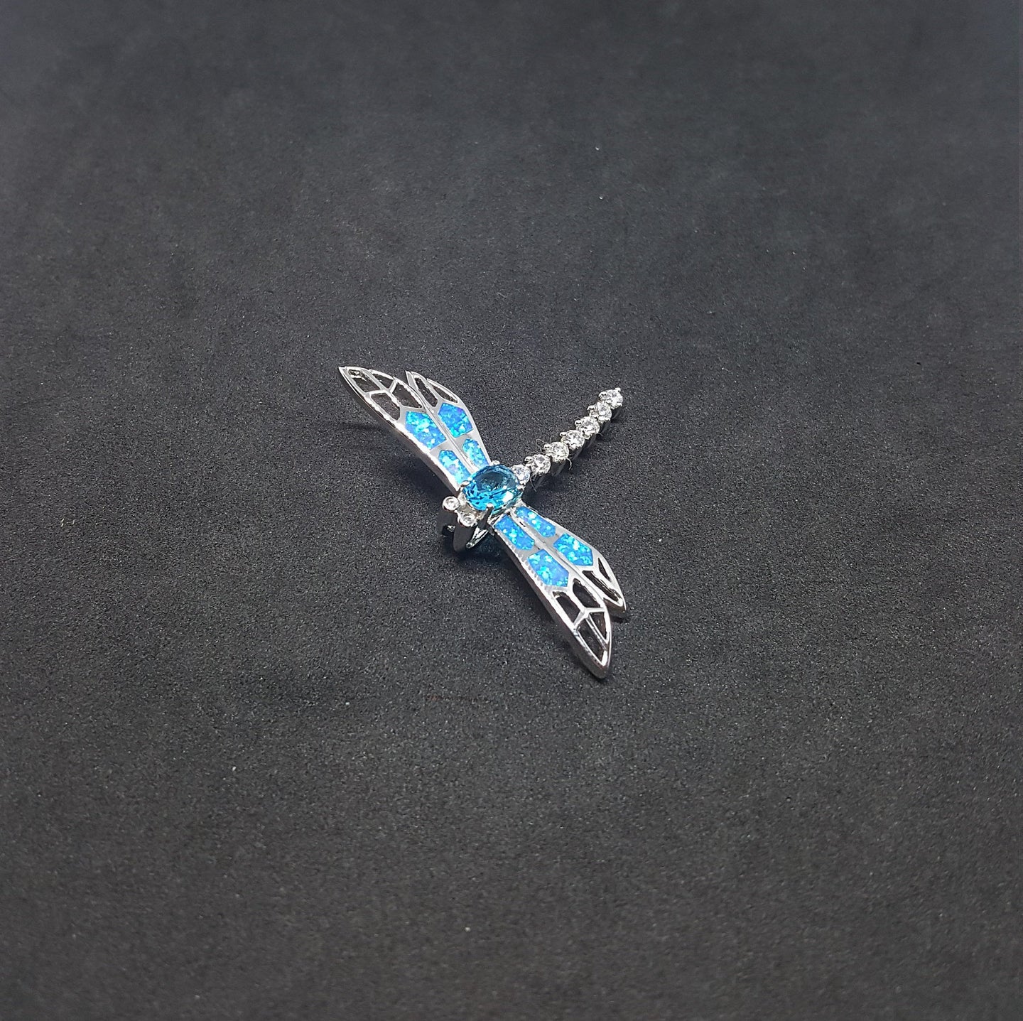 Shiny Dragon fly oval Topaz  Blue fire opal micro CZ sterling silver pendant