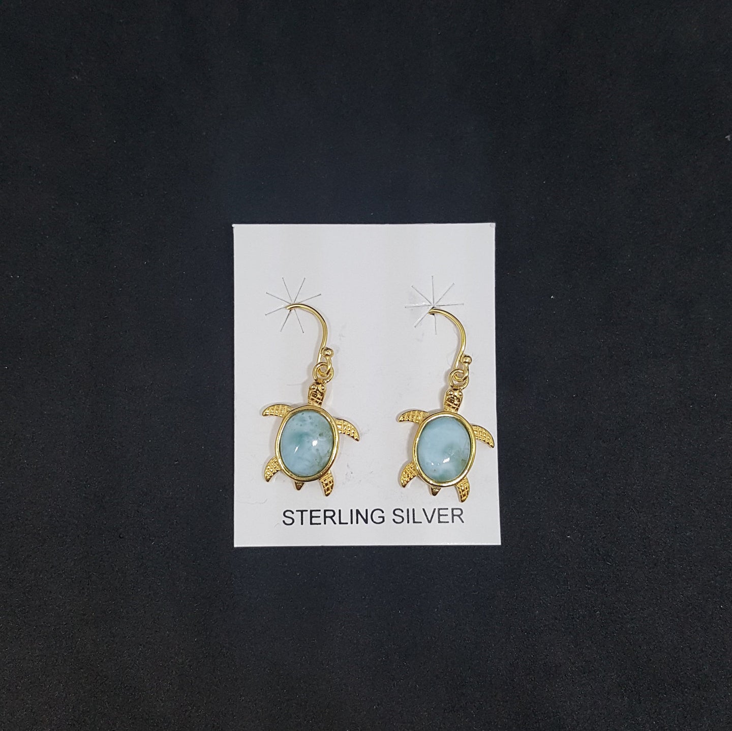 Turtle Oval Larimar gold plated sterling silver dangle earrings