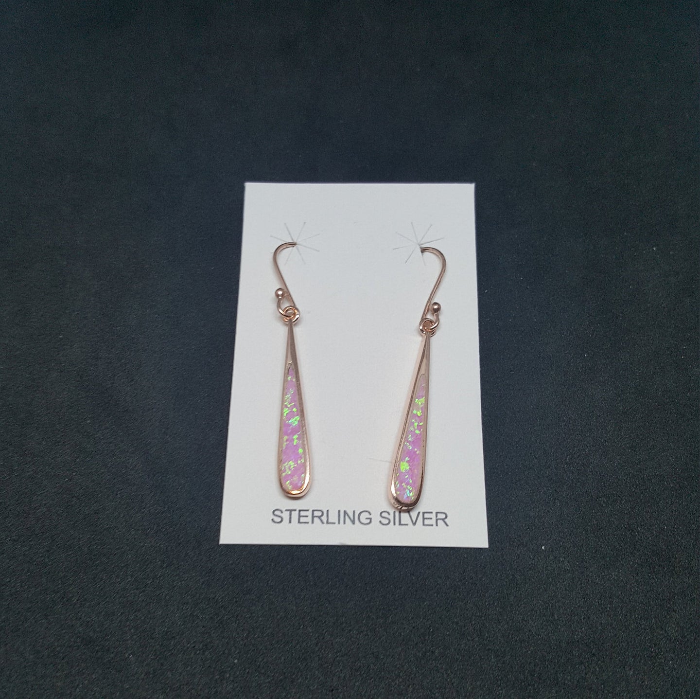 Long thin teardrop pink Opal rose gold plated Sterling silver stud earrings