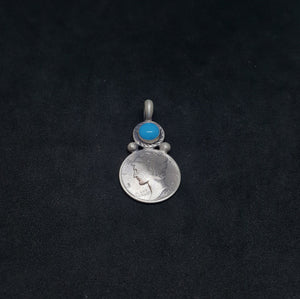 Wavy Round design with one dime and Sleeping beauty turquoise sterling silver pendant