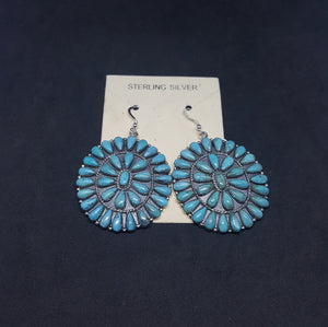 Southwest cluster flower petit point kingman turquoise sterling silver dangle earrings