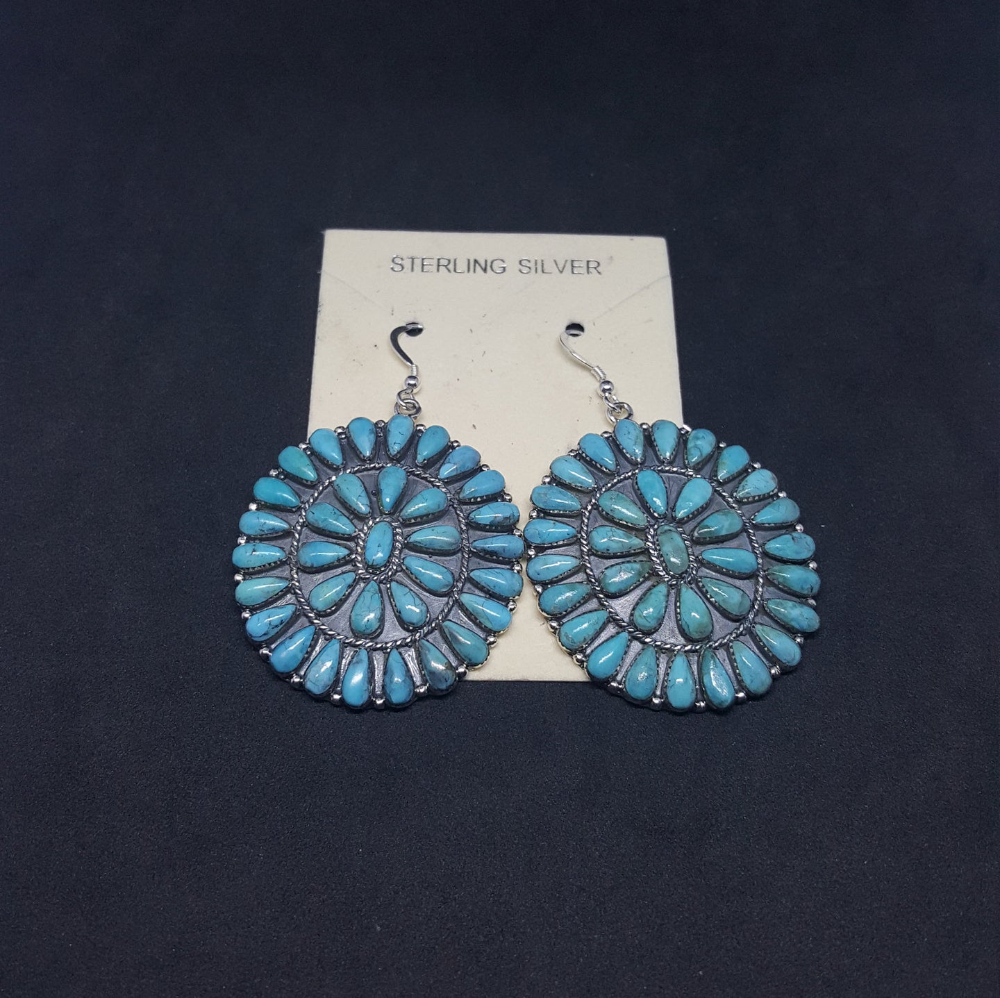 Southwest cluster flower petit point kingman turquoise sterling silver dangle earrings