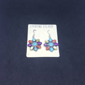 Inlay Multi-stones flower with oval chain design sterling silver Dangle earrings