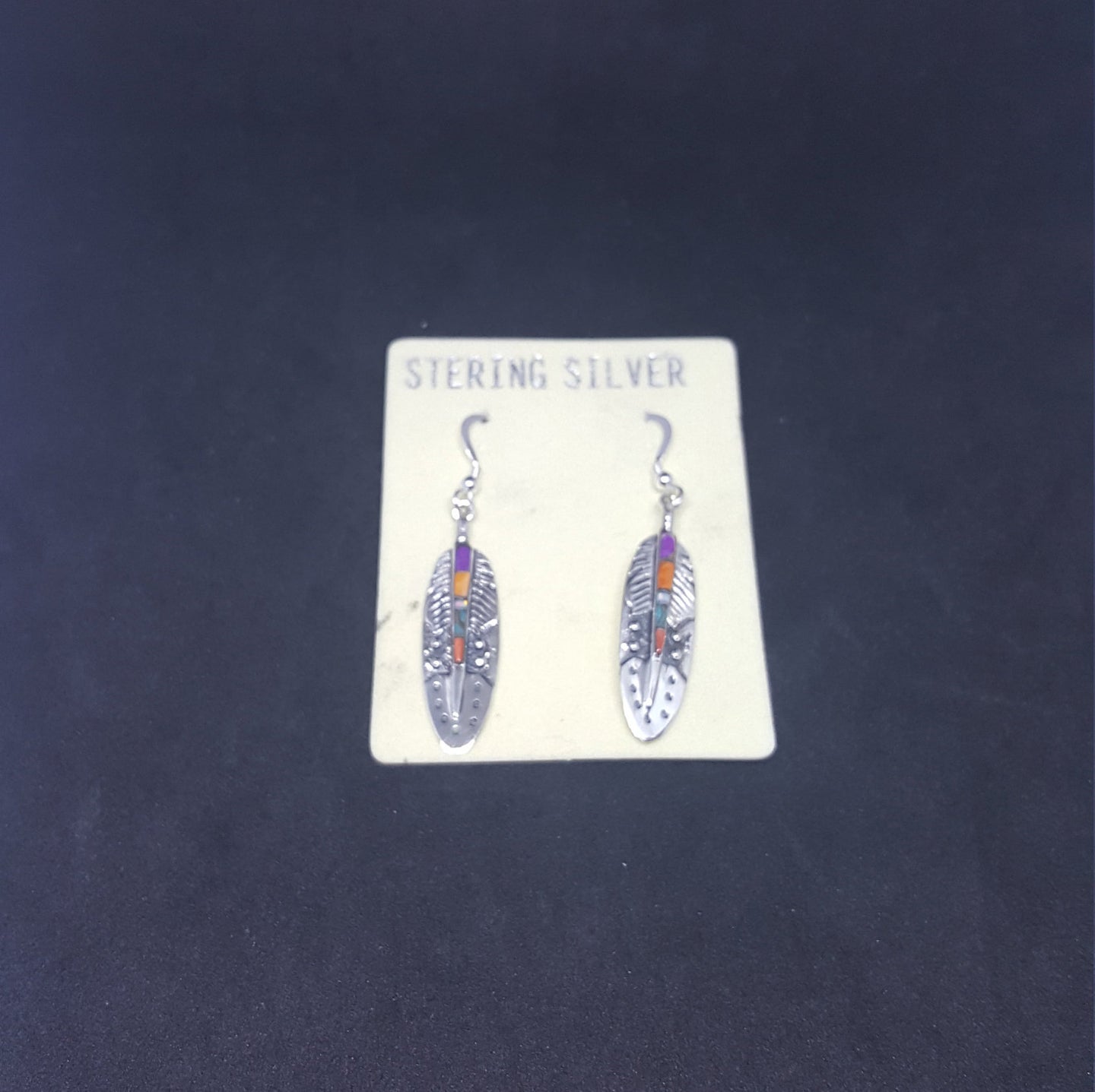 Inlay Multi-stones with feather design sterling silver Dangle earrings