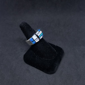 Thick inlay multi-rectangles mother of pearl Blue opal Black Onyx simple silver ring size 10