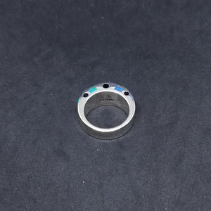 Thick inlay multi-rectangles mother of pearl Blue opal Black Onyx simple silver ring size 10