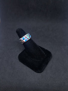 Double Layer inlay random shapes Turquoise fire Opal Lapis thin band silver ring size 7 1/2