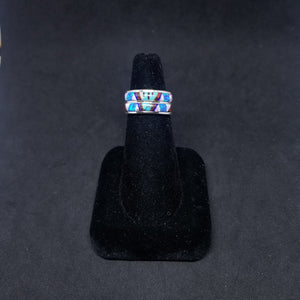 Double Layer inlay random shapes Turquoise fire Opal Lapis thin band silver ring size 7 1/2