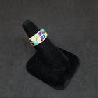 Double Layer random shapes inlay Turquoise Lapis Pearl Opal rectangle sterling silver ring size 8