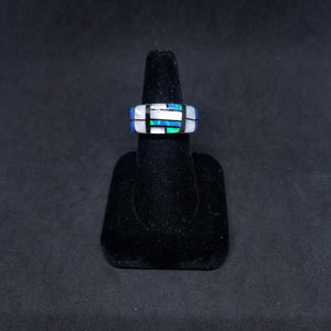 Thick inlay multi-rectangles mother of pearl Blue opal Black Onyx simple silver ring size 10