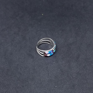 Double Layer inlay random shapes Turquoise fire Opal Lapis thin band silver ring size 7 1/2