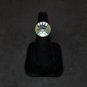 Zuni Sunface Feather hat native color inlay Pearl Onyx Sandstone Opal round shape sterling silver ring size 8