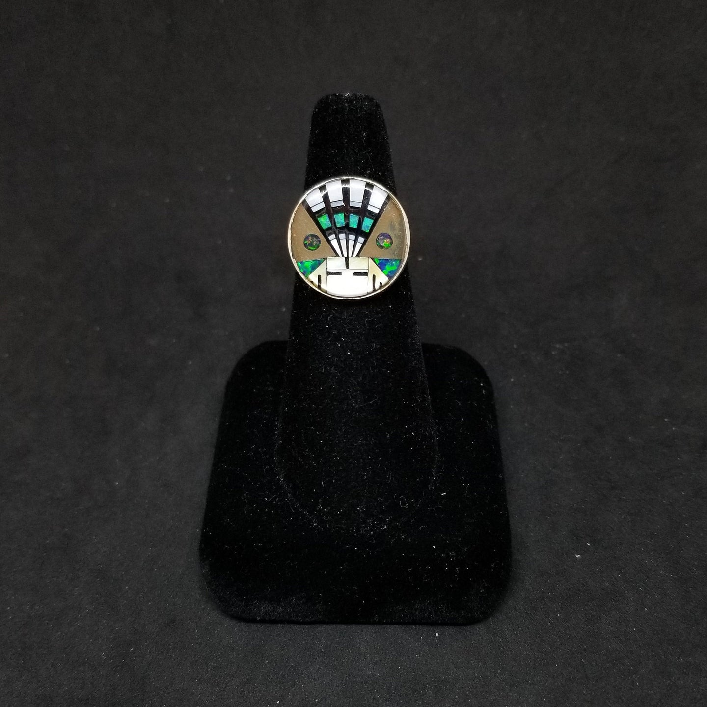 Zuni Sunface Feather hat native color inlay Pearl Onyx Sandstone Opal round shape sterling silver ring size 8