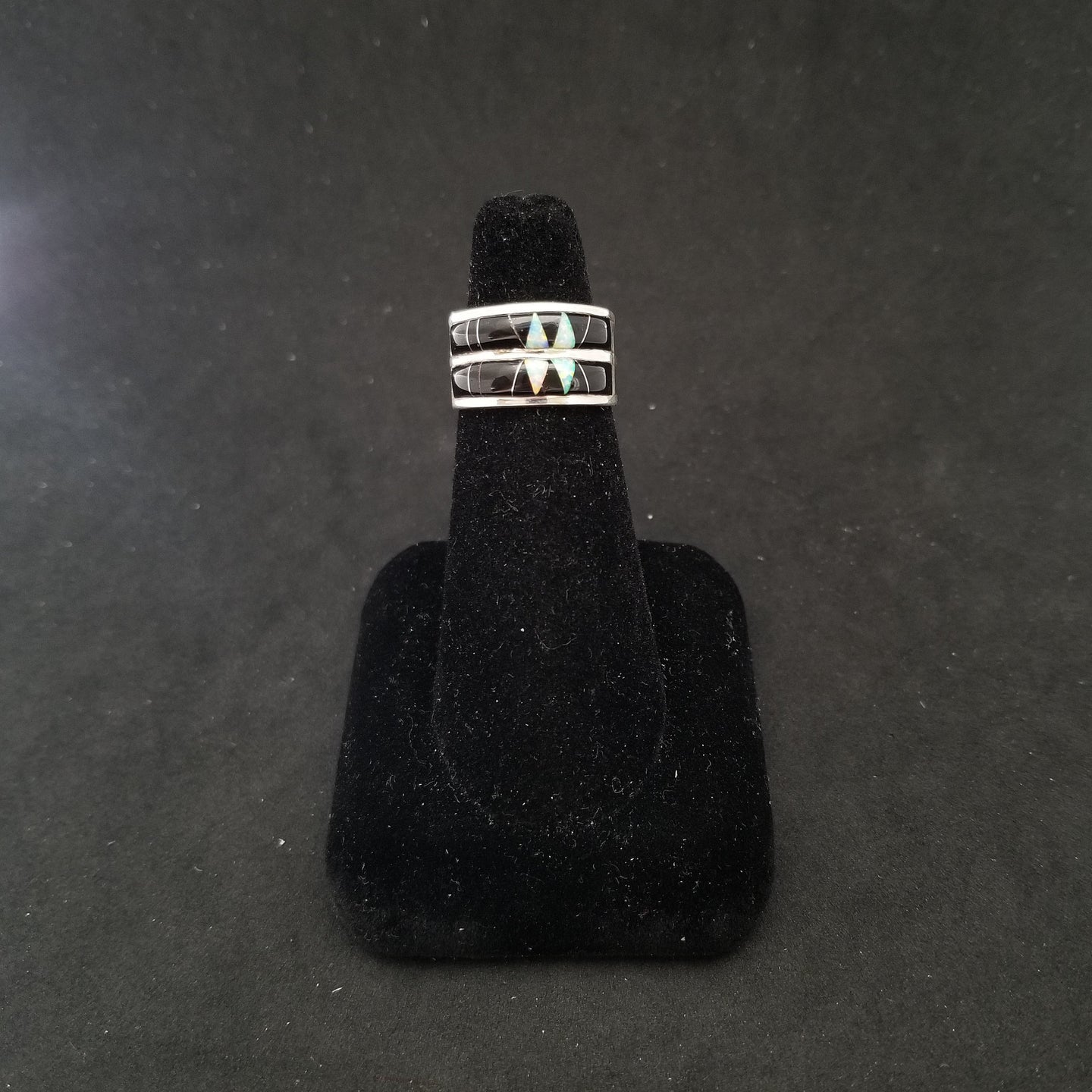 Double Layer Mystic Black inlay multistone Black Onyx White fire Opal sterling silver ring size 6 1/4