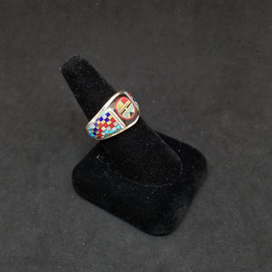 Sacred Colors Zuni Sunface micro inlay multistone Turquoise Coral Lapis Pearl Onyx Opal Sterling silver ring size 11