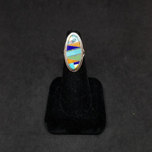 Colorful random shapes inlay multistone Natural Turquoise Oyster Lapis Pearl Sterling silver oval shape ring size 6