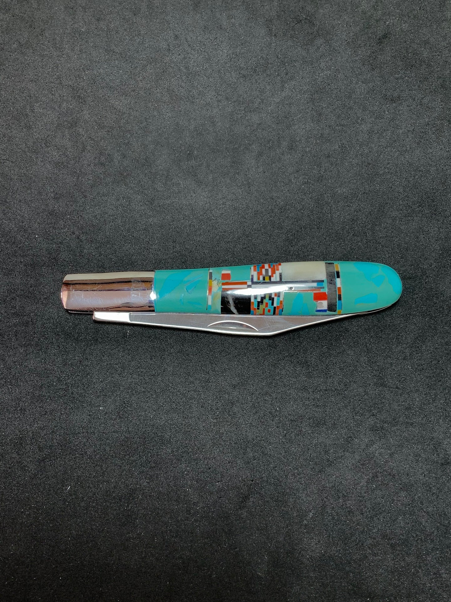 SMALL Turquoise inlay pocket knife with black sheath stiletto knife