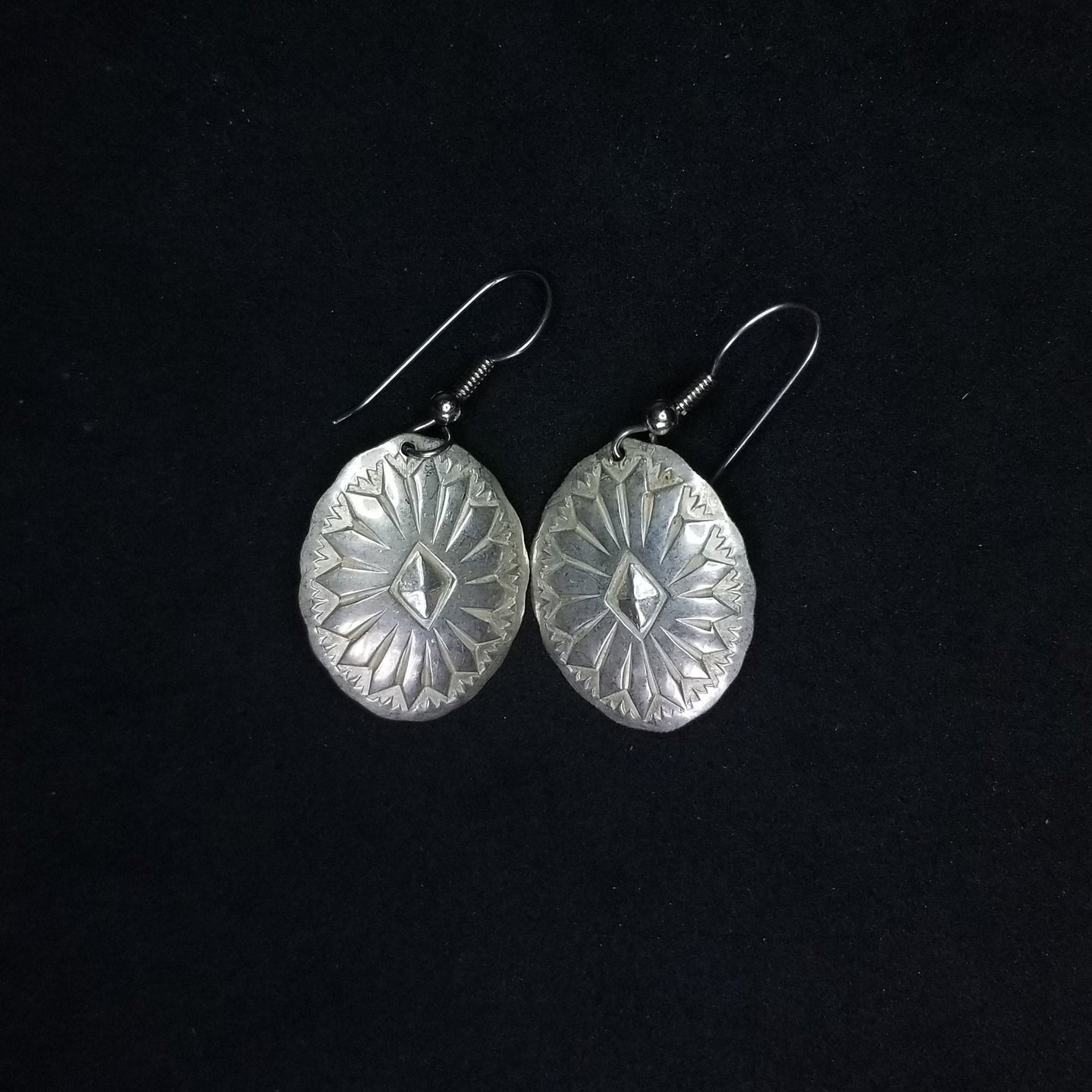 Oval Flower with Symbol sterling silver jewelry dangle earrings