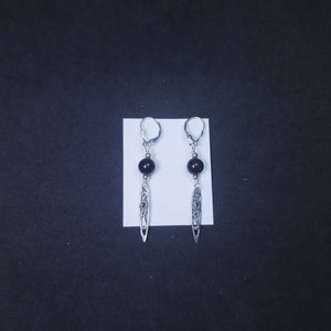 6 mm Sphere Black Onyx with long thin sterling silver dangles earrings